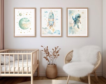Nursery Poster Set Space Astronaut Rocket | Watercolor Wall Art Baby Gift Decor