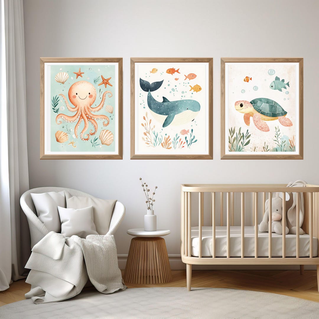 Sea Animals Nursery Wall Art Set of 3 | Octopus Whale Turtle Poster ...