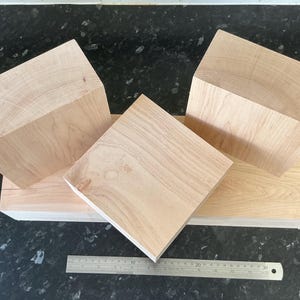 Può includere: Una collezione di blocchi e quadrati di legno non rifiniti, ideali per progetti di artigianato o falegnameria. I blocchi sono di colore chiaro con venature del legno visibili. Un righello di metallo è incluso per la scala e la misurazione.