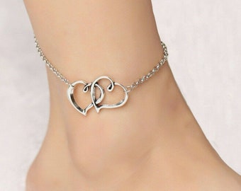 Bracelet de cheville double coeur en argent sterling