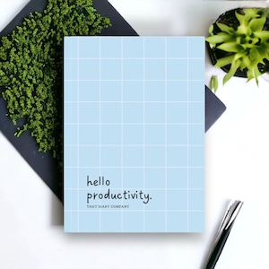 Hardback A5 Notebook Journal, Hello Productivity Graph Notebook design in Blue with Plain, Lined or Graph paper