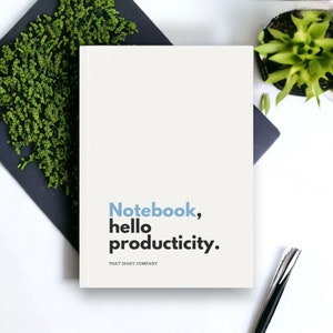Hardback A5 Notebook Journal, Hello Productivity Minimalist Notebook design in Blue with Plain, Lined or Graph paper