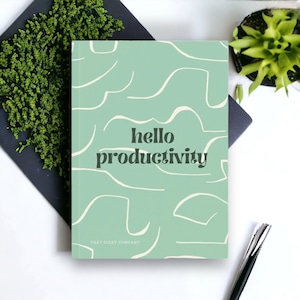 Hardback A5 Notebook Journal, Hello Productivity Swirl Notebook design in Green with Plain, Lined or Graph paper