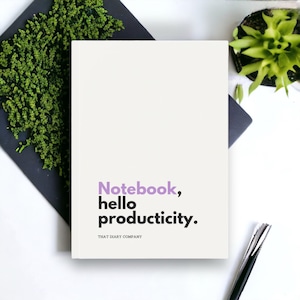 Hardback A5 Notebook Journal, Hello Productivity Minimalist Notebook design in Purple with Plain, Lined or Graph paper