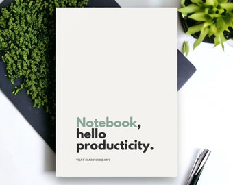 Hardback A5 Notebook Journal, Hello Productivity Swirl Notebook design in Sage Green with Plain, Lined or Graph paper