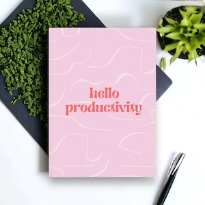 Hardback A5 Notebook Journal, Hello Productivity Swirl Notebook design in Pink with Plain, Lined or Graph paper