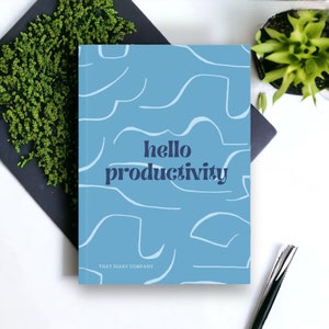 Hardback A5 Notebook Journal, Hello Productivity Swirl Notebook design in Blue with Plain, Lined or Graph paper