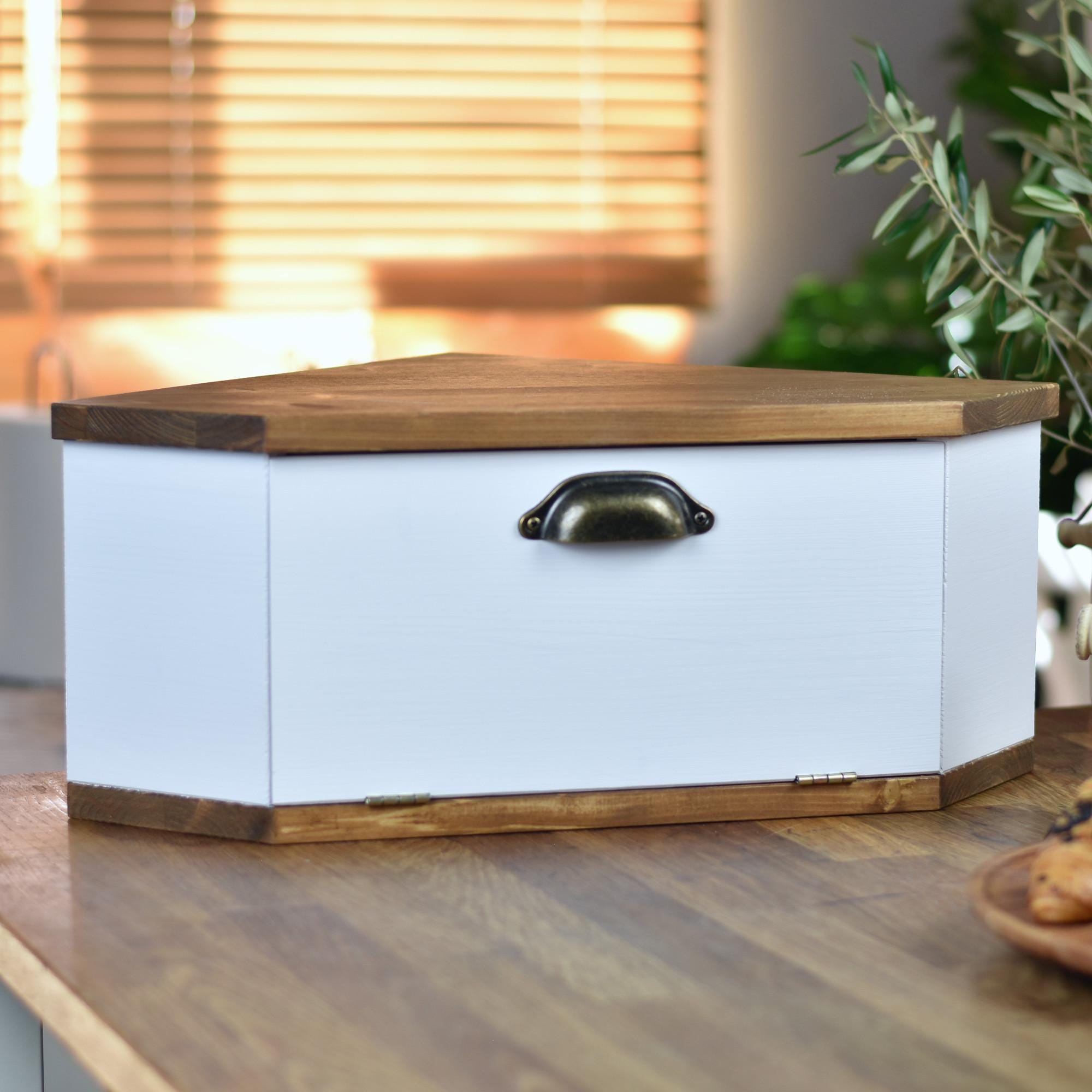 Corner Bread Box, White Rustic Wooden Bread Bin for Modern Farmhouse ...