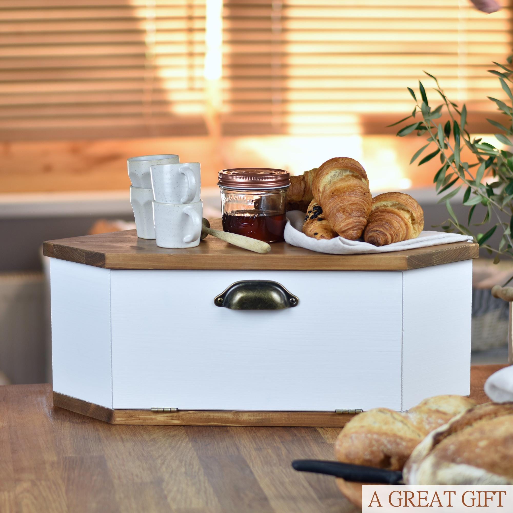Corner Bread Box, White Rustic Wooden Bread Bin for Modern Farmhouse ...