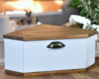 Hoekbrooddoos, witte rustieke houten broodtrommel voor moderne boerderijkeuken, handgemaakte hoekbroodtrommel, houten broodopslag voor toonbankcadeau