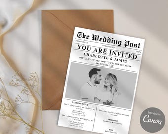 Newspaper Wedding Invitation Template: Editable Canva Template with RSVP and Details Card