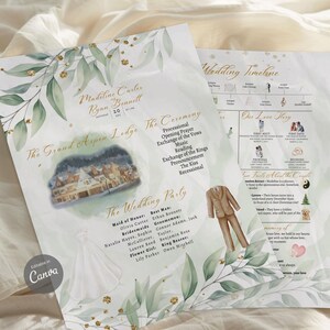 May include: Two-page wedding program with watercolour greenery and gold accents. The program includes the couple's names, date, ceremony details, wedding party, and timeline. A drawing of a wedding dress and a suit are also included.