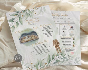May include: Two-page wedding program with watercolour greenery and gold accents. The program includes the couple's names, date, ceremony details, wedding party, and timeline. A drawing of a wedding dress and a suit are also included.