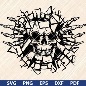 May include: A black and white graphic design featuring a skull emerging from a cracked surface, with skeletal hands reaching out. The design includes the file type abbreviations: SVG, PNG, EPS, DXF, and PDF.