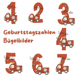 Könnte beinhalten: Ein Satz von sieben roten Zahlen-Grafiken, jede mit einer Illustration eines Feuerwehrautos. Die Zahlen 1 bis 7 werden mit dem Text "Tatu Tata" und den deutschen Wörtern "Geburtstagszahlen Bügelbilder" angezeigt. Die Feuerwehrautos haben weiße und graue Details.