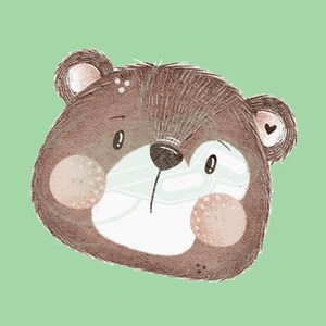 Könnte beinhalten: Eine skurrile Illustration eines Bärengesichts, mit braunem Fell und einem hellgrünen Hintergrund. Der Bär hat eine schwarze Nase, eine weiße Schnauze und rosige Wangen. Ein kleines Herz ist auf einem Ohr zu sehen.