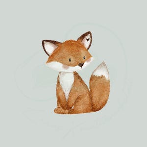 Könnte beinhalten: Eine Aquarell-Illustration eines niedlichen Fuchses mit braunem Fell, einer weißen Brust und einem buschigen Schwanz. Der Fuchs hat ein kleines Herz auf dem Kopf und sitzt auf einem hellblauen Hintergrund.