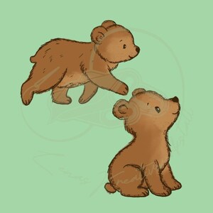 Könnte beinhalten: Zwei braune Cartoon-Bärenjunge auf hellgrünem Hintergrund. Ein Bär läuft, der andere sitzt und schaut nach oben. Die Bären haben weiche, abgerundete Merkmale und sind in einem skurrilen Stil gezeichnet. Das Bild hat eine sanfte, einladende Ausstrahlung.