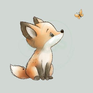 Könnte beinhalten: Ein süßer Cartoon-Fuchs mit orangefarbenem Fell und einer weißen Brust sitzt und schaut zu einem gelben Schmetterling auf.