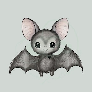 Könnte beinhalten: Illustration einer niedlichen Cartoon-Fledermaus mit großen Augen, einem kleinen Herzen und ausgebreiteten Flügeln. Die Fledermaus ist hauptsächlich grau mit rosa Akzenten auf den Ohren, vor einem hellgrünen Hintergrund. Das Kunstwerk hat einen weichen, skurrilen Stil.