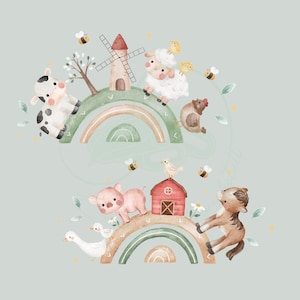 Könnte beinhalten: Aquarell-Illustration einer Farmszene mit einem Regenbogen, einer Windmühle, einem Stall, einer Kuh, einem Schwein, einem Pferd, einem Schaf, einem Huhn und Bienen. Die Tiere lächeln alle und sehen glücklich aus.
