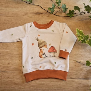 May include: White baby sweatshirt with an illustration of a gnome and a mushroom. The sweatshirt has orange trim on the collar, cuffs, and hem. Scattered leaf and berry details are printed on the front.