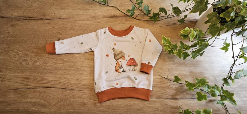 May include: White baby sweatshirt with an illustration of a gnome and a mushroom. The sweatshirt has orange trim on the collar, cuffs, and hem. Scattered leaf and berry details are printed on the front.