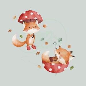 Könnte beinhalten: Zwei Aquarell-Illustrationen von Füchsen, die rote und weiße Regenschirme mit weißen Punkten halten. Die Füchse sind braun und orange mit weißen Akzenten. Der Hintergrund ist hellblau.
