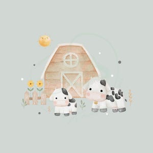 Könnte beinhalten: Eine Aquarell-Illustration einer braunen Scheune mit einer weißen Tür und zwei schwarz-weißen Kühen, die davor stehen. Die Scheune hat eine gelbe Sonne darüber und gelbe Blumen auf beiden Seiten.