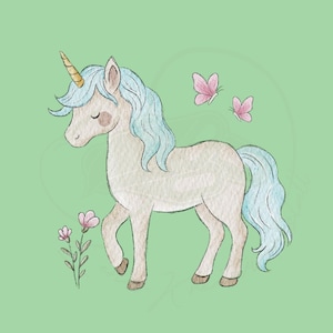 Könnte beinhalten: Aquarellillustration eines Einhorns mit goldenem Horn, hellblauer Mähne und Schweif sowie rosa Schmetterlingen und Blumen auf hellgrünem Hintergrund. Das Einhorn geht mit gesenktem Kopf.