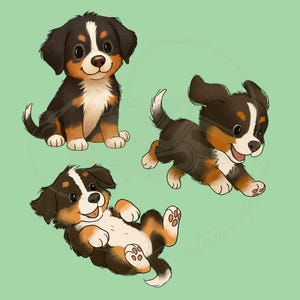 Könnte beinhalten: Drei Cartoon-Illustrationen von Berner Sennenhund-Welpen auf hellgrünem Hintergrund. Ein Welpe sitzt, ein anderer rennt und der dritte liegt auf dem Rücken. Die Welpen haben schwarz-braune und weiße Markierungen.