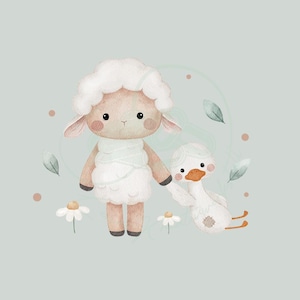 Könnte beinhalten: Eine Aquarell-Illustration eines weißen Schafs und eines weißen Entenküken mit orangefarbenen Schnäbeln. Das Schaf hält den Flügel des Entenküken mit seiner Pfote. Der Hintergrund ist hellblau mit weißen und grünen floralen Akzenten.