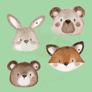 Könnte beinhalten: Aquarellillustrationen von vier Gesichtern von Waldtieren: ein Hase, zwei Bären und ein Fuchs. Der Hase hat lange Ohren, die Bären haben runde Gesichter und der Fuchs hat eine spitze Schnauze. Alle sind vor einem hellgrünen Hintergrund.