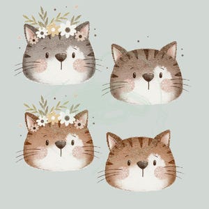 Könnte beinhalten: Vier Aquarell-Illustrationen von niedlichen Katzen mit braunem und weißem Fell. Drei der Katzen tragen Blumenkränze. Die Katzen haben große Augen und kleine Nasen.