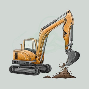 Könnte beinhalten: Eine Illustration eines gelben Baggers mit einem schwarzen Eimer, der in einen Erdhaufen gräbt. Der Bagger hat ein detailliertes Design mit schwarzen Ketten und einer Kabine. Der Hintergrund ist hellgrau.