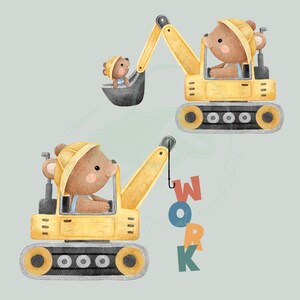Könnte beinhalten: Zwei braune Bären mit gelben Schutzhelmen bedienen gelbe Baumaschinen. Der größere Bär fährt einen Bagger mit einem Haken, während der kleinere Bär im Eimer hochgehoben wird. Das Wort "ARBEIT" ist in bunten Buchstaben geschrieben.