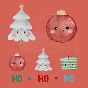 Könnte beinhalten: Aquarell-Illustration von lächelnden Weihnachtskugeln und -bäumen auf rotem Hintergrund. Eine grün-weiß gestreifte Geschenkbox und die Worte "HO HO HO" sind ebenfalls zu sehen. Festliche Weihnachtsdekoration.