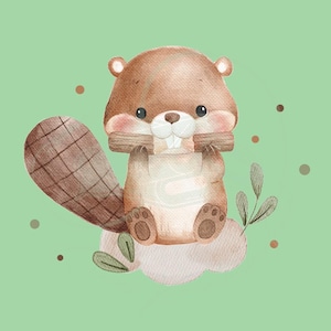Könnte beinhalten: Aquarell-Illustration eines niedlichen Cartoon-Bibers. Der Biber ist braun, hat einen großen Schwanz, hält einen Baumstamm und sitzt auf einer Wolke. Der Hintergrund ist hellgrün mit braunen und grünen Punkten.