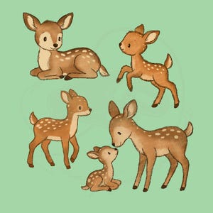 Könnte beinhalten: Illustration von fünf Cartoon-Hirschen in verschiedenen Posen auf hellgrünem Hintergrund. Die Hirsche sind braun mit weißen Flecken und haben große Ohren. Einer liegt, ein anderer springt und die anderen stehen.
