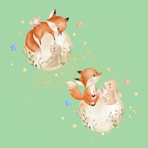 Könnte beinhalten: Aquarellillustration mit zwei Szenen eines Fuchses, einer Maus und eines Bären auf einem cremefarbenen Mond mit floralen Akzenten. Der Fuchs ist orange und weiß, die Maus ist grau und der Bär ist hellbraun. Goldene Sterne und ein hellgrüner Hintergrund.