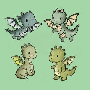 Könnte beinhalten: Vier Cartoon-Drachen in Grün- und Blautönen sind auf einem hellgrünen Hintergrund dargestellt. Jeder Drache hat Flügel, einen Schwanz und einen freundlichen Ausdruck. Die Drachen sind in verschiedenen Posen, einige fliegen und andere stehen.
