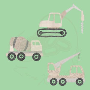 Könnte beinhalten: Illustration von drei Baumaschinen: ein Betonmischwagen, ein Bagger mit Bohrer und ein Kranwagen. Die Fahrzeuge sind beige mit schwarzen Rädern, vor einem hellgrünen Hintergrund.