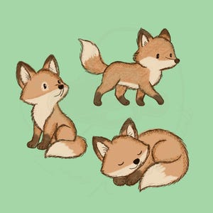 Könnte beinhalten: Illustration von drei Cartoon-Füchsen in verschiedenen Posen vor einem hellgrünen Hintergrund. Ein Fuchs sitzt, ein anderer geht und der dritte liegt zusammengerollt und schläft. Die Füchse sind braun und cremefarben.