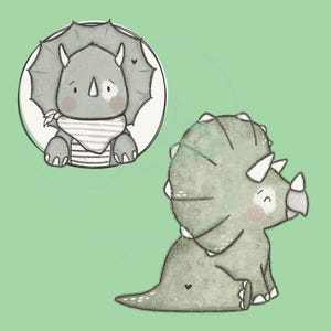 Könnte beinhalten: Eine Illustration eines niedlichen Triceratops-Dinosauriers in Grün- und Grautönen auf hellgrünem Hintergrund. Ein Dinosaurier befindet sich in einem Kreis und trägt ein gestreiftes Halstuch. Der andere Dinosaurier sitzt mit einem Herz an der Seite.