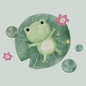 Könnte beinhalten: Aquarellillustration eines fröhlichen grünen Frosches auf einem Seerosenblatt, mit rosa Blumen und Seerosenblättern. Der Frosch hat rosige Wangen und lächelt. Der Hintergrund ist hellgrün.