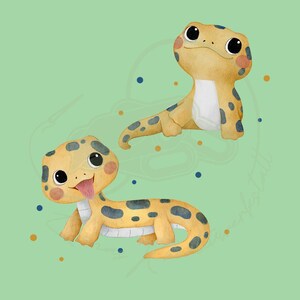 Könnte beinhalten: Aquarellillustration von zwei Cartoon-Geckos auf hellgrünem Hintergrund. Die Geckos sind gelb mit blauen Flecken und haben große, ausdrucksstarke Augen. Einer der Geckos streckt die Zunge heraus. Verstreute blaue und orangefarbene Punkte ergänzen das skurrile Design.