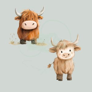 Könnte beinhalten: Zwei niedliche Cartoon-Highland-Kühe mit braunem und weißem Fell. Die Kühe stehen auf einem hellblauen Hintergrund.