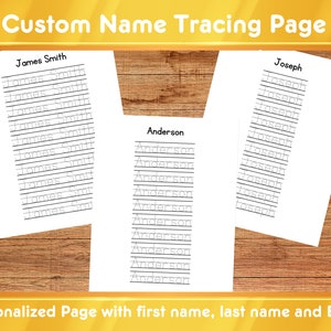 May include: Printable tracing pages for kids to practice writing their name. The pages feature the names "James Smith", "Anderson", and "Joseph" written in cursive.