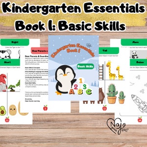 Könnte beinhalten: Ein farbenfrohes Lernbuch mit dem Titel "Kindergarten Essentials Book 1: Basic Skills". Das Cover zeigt einen Cartoon-Pinguin und das ABC. Im Inneren werden grundlegende Fähigkeiten wie Zählen, Lesen und Wortschatz vermittelt. Enthält Illustrationen.