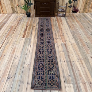 May include: A long, narrow runner rug featuring a dark navy blue background with a repeating geometric pattern in shades of rust orange, muted green, and cream. The rug has a distinct border and a symmetrical design running down its entire length.